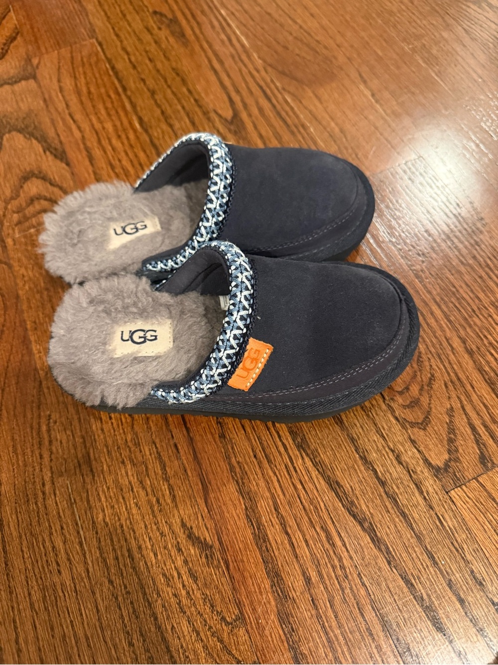 UGG Kids Navy Suede Shearling-Lined Clog Slippers